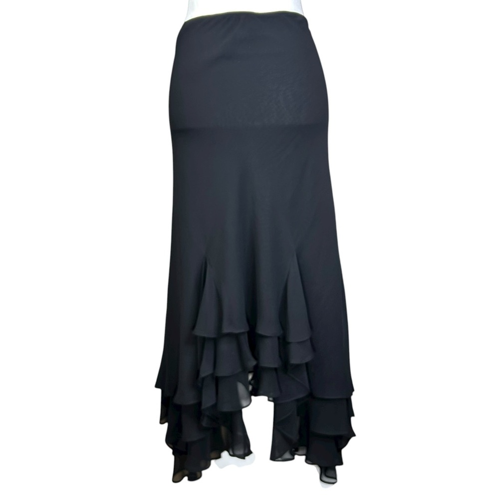 MSK Gothic Black Ruffle Midi/'Maxi Skirt Asymmetrical Tiered Witchy Whimsigoth - Picture 5 of 7